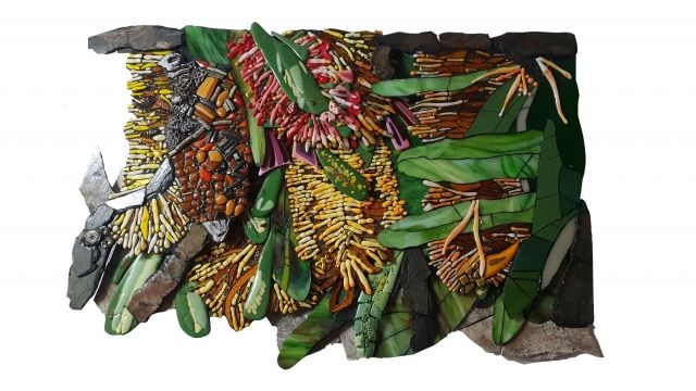 ROBERTSON SANDRA BanksiaDelight Primary1 2021 smaltimelts slate stainedglass travertine ceramic 720x1000